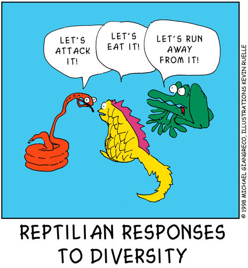 A snake, a lizard and a frog express fear of diversity.